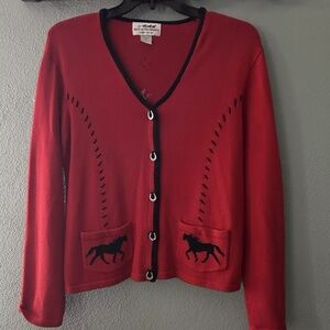 Back in The Saddle Women's Cardigan Sweater Red Lg Long Sleeve Horse Print